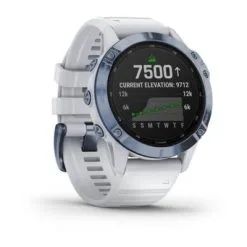 Montre GPS Garmin Fenix 6 Pro Solar Titane Bleue Cobalt Bracelet Blanc.